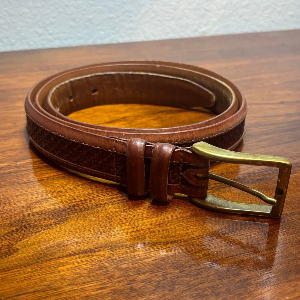 Allen Edmonds Belt Mens 44/110 Brown Leather Basketweave Solid Brass Made in USA